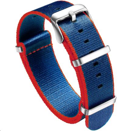 Blue NATO nylon watch strap with red edges and stainless steel hardware
