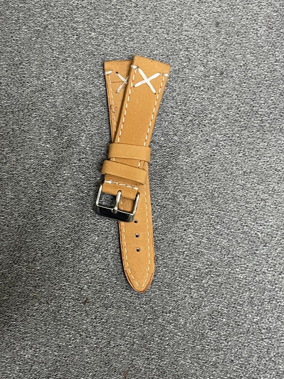 Tan suede leather watch strap with white X-stitching and stainless steel buckle – 20mm vintage-style watch band