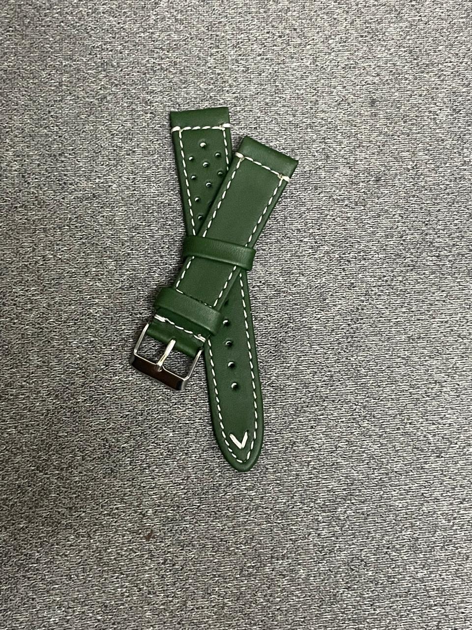 Green genuine leather racing watch strap with perforations and white stitching – 20mm smooth leather band with stainless steel buckle