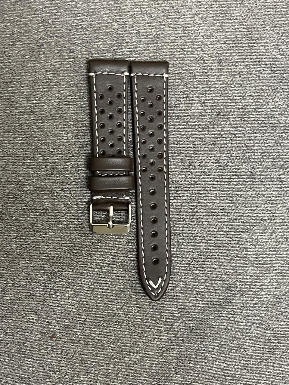 Coffee brown genuine leather racing watch strap with perforations and white stitching – 20mm smooth leather band with stainless steel buckle
