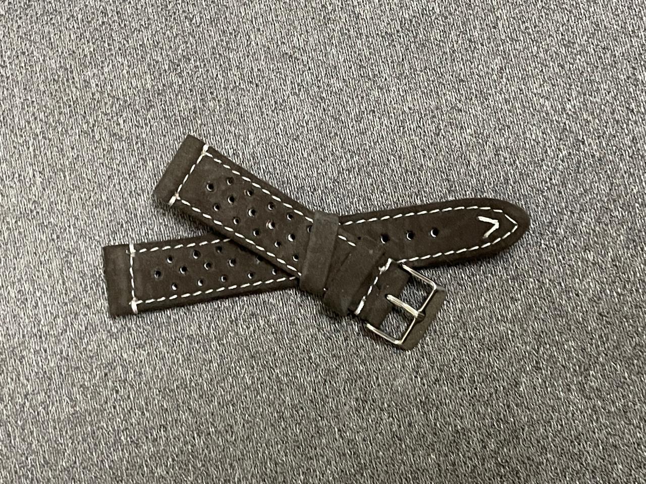Grey suede racing watch strap with perforated holes and white stitching – 20mm leather band with stainless steel buckle