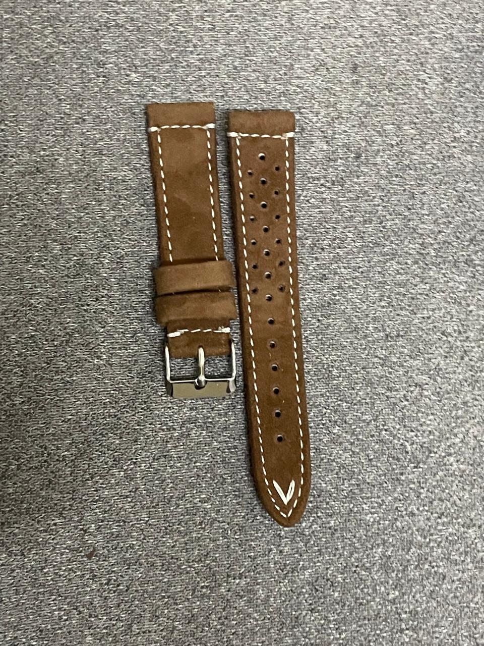 Light brown suede racing watch strap with perforations and white stitching – 20mm leather band with stainless steel buckle