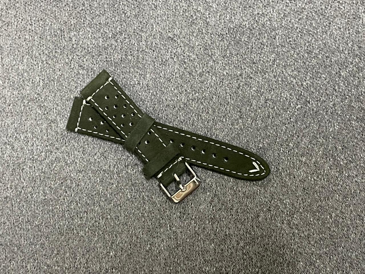 Green suede racing watch strap with perforations and white stitching – 20mm leather band with stainless steel buckle