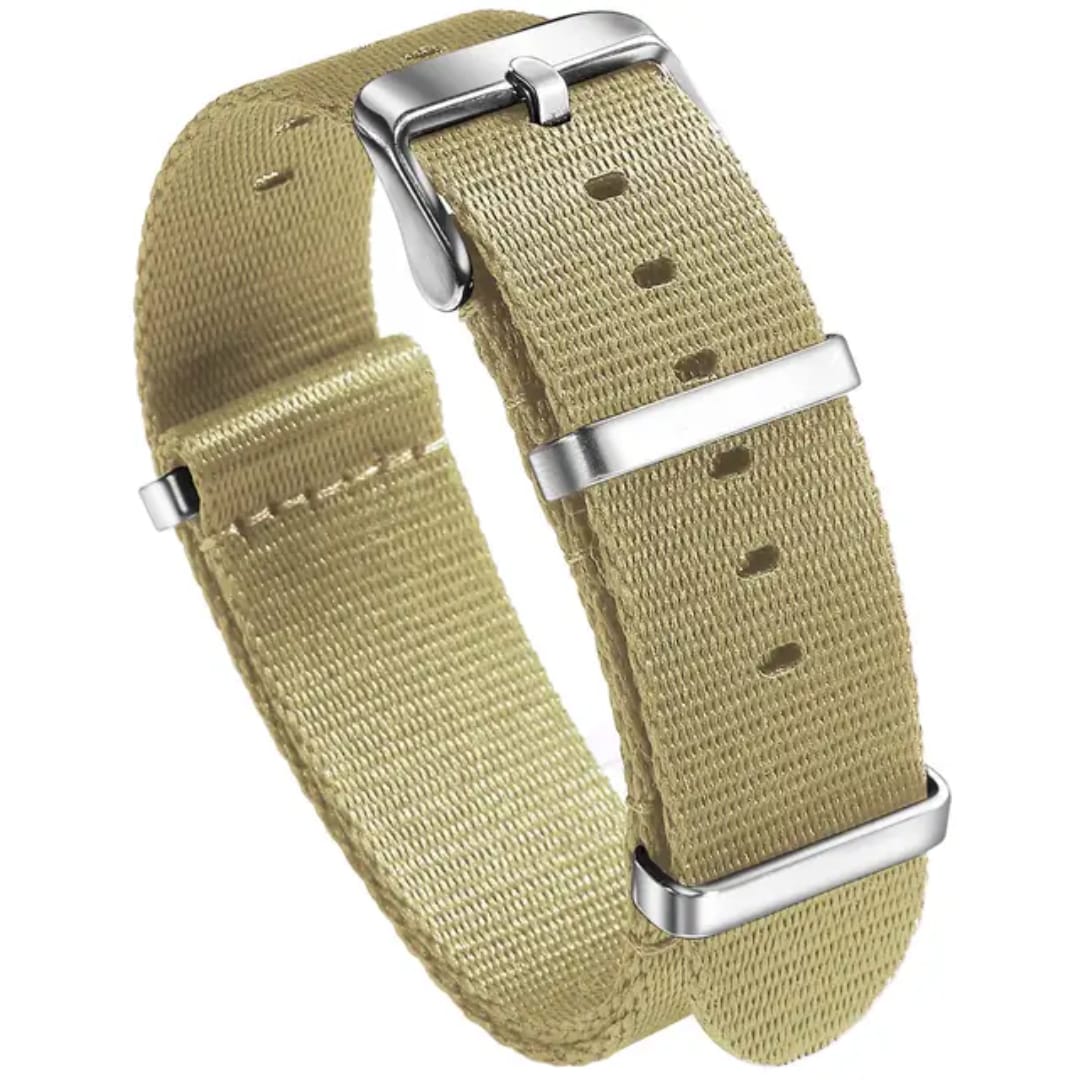 Khaki beige NATO nylon watch strap with stainless steel buckle – 20mm size