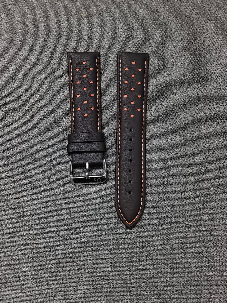 Dark brown Italian leather racing watch strap with orange stitching, perforated design, and stainless steel buckle in 20mm, 22mm, and 24mm sizes