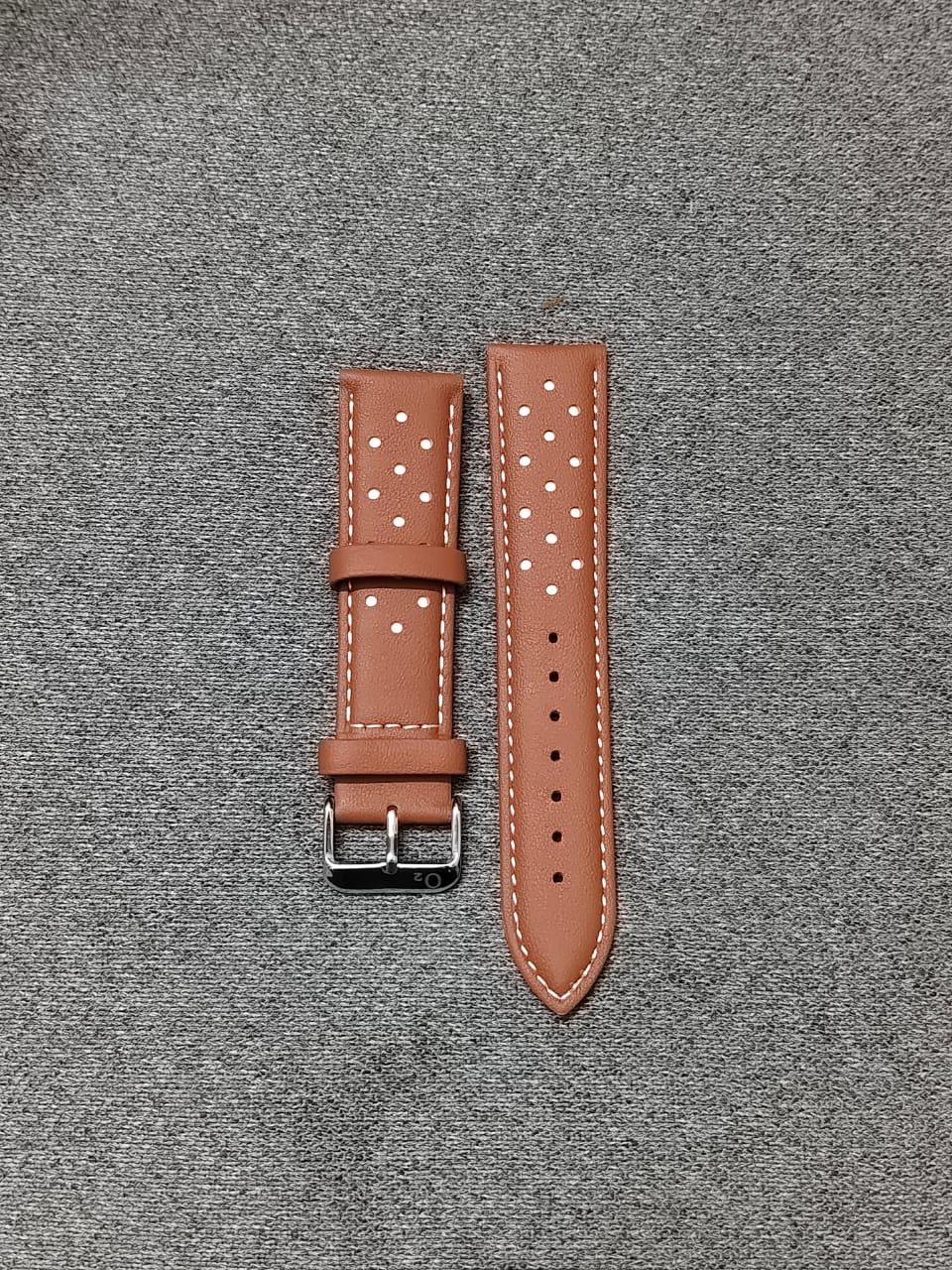 Brown Italian leather racing watch strap with white stitching and perforated design, stainless steel buckle in 20mm, 22mm, and 24mm sizes