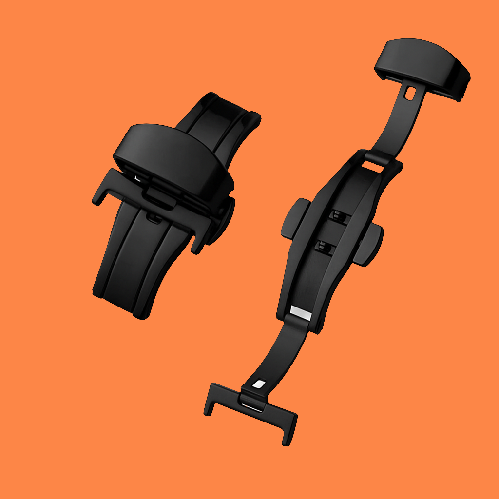 Black butterfly deployant clasp for watch straps in 18mm 20mm 22mm with double push-button design
