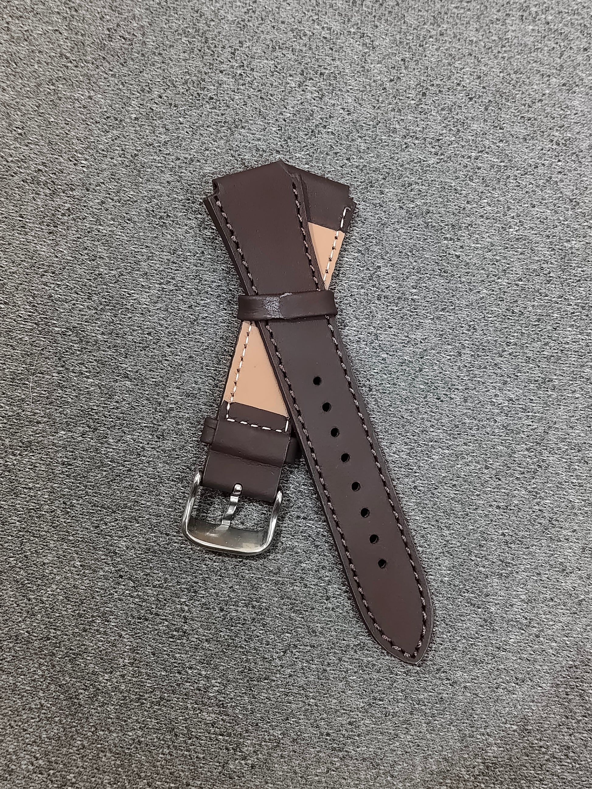 Dark brown 18mm to 22mm genuine leather strap for Casio AE1200, A158, A168, with tan underside and silver buckle.
