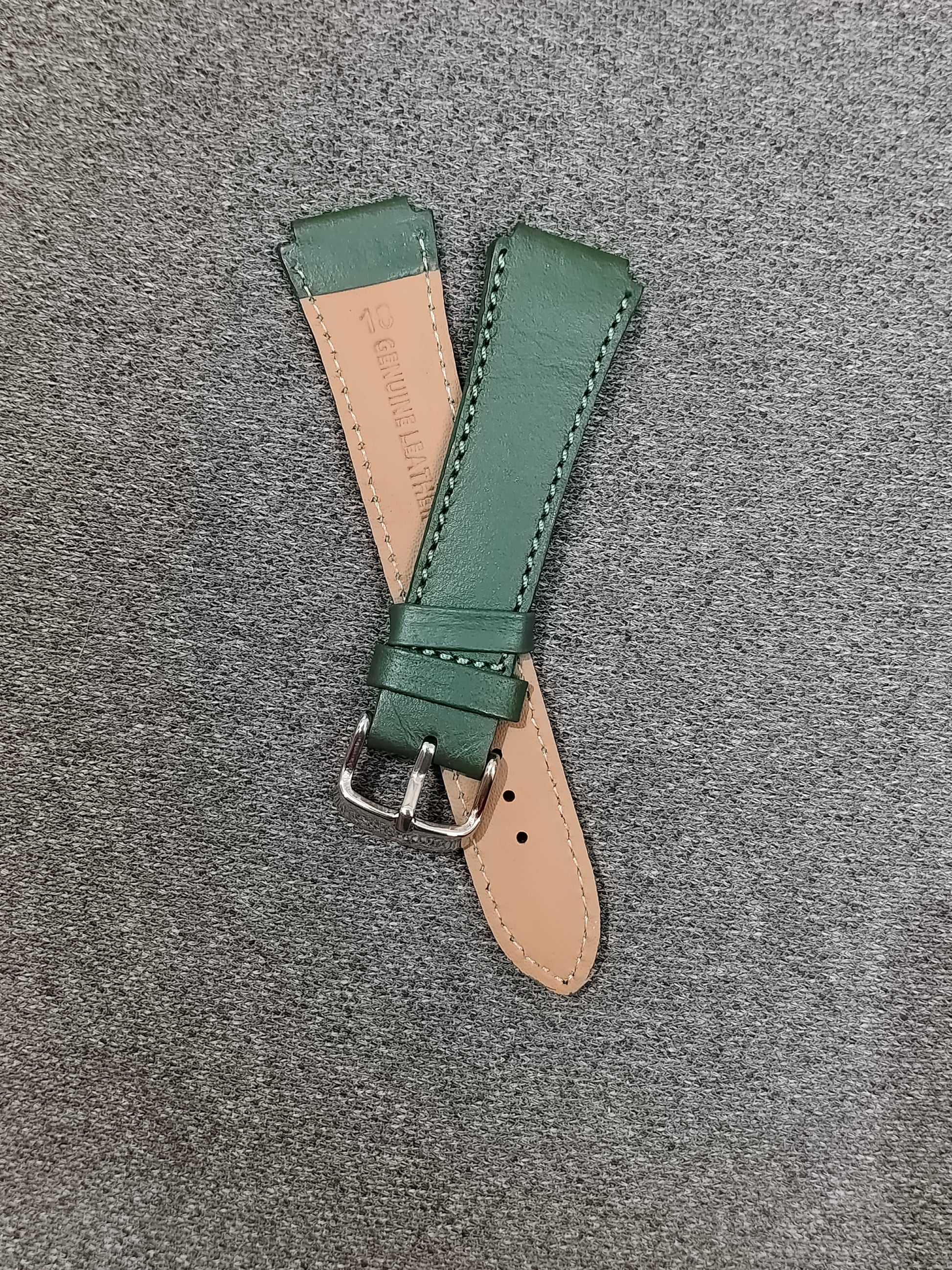 Green 18mm to 22mm genuine leather strap for Casio AE1200, A158, A159, A168 with tan lining and silver buckle.