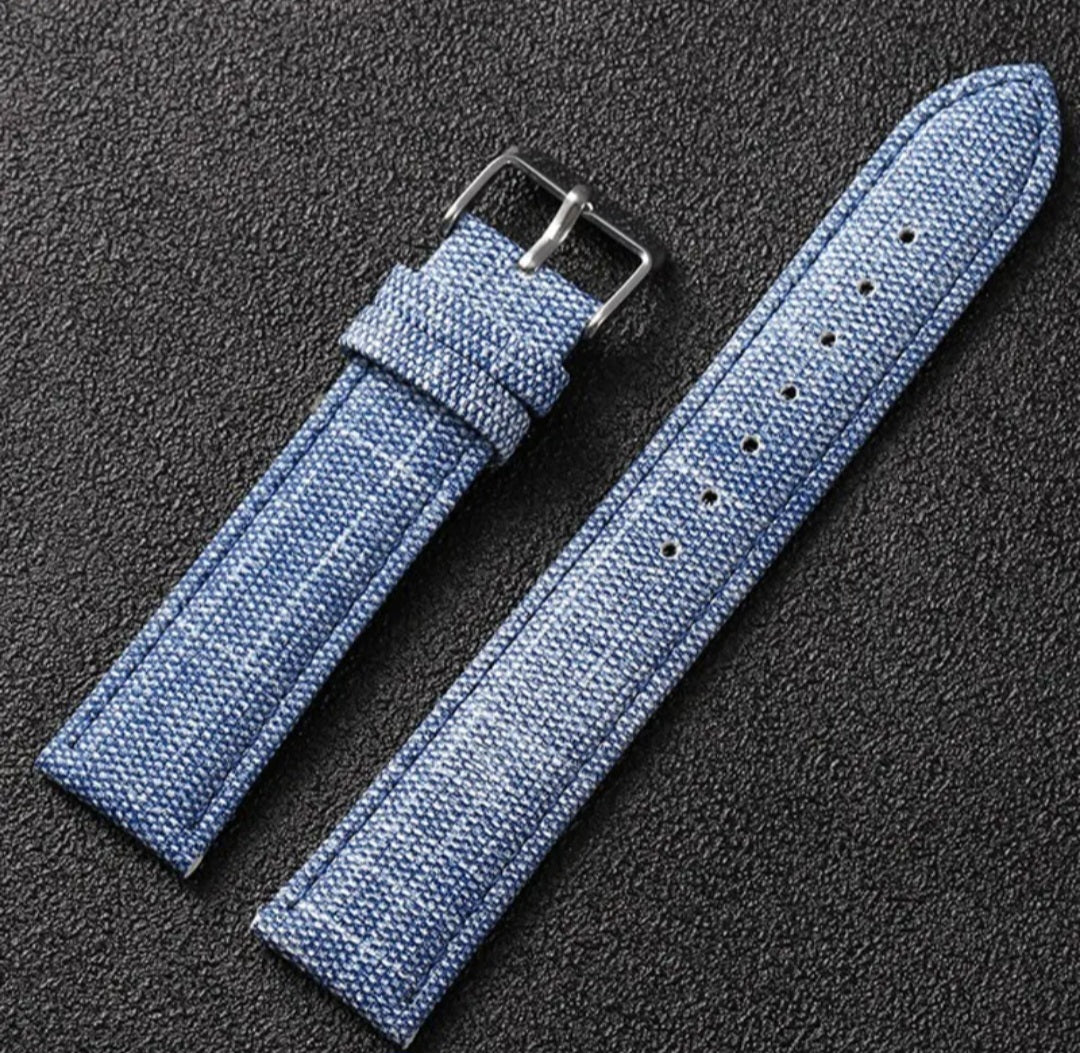 Light Blue Denim Leather Watch Strap with Fabric Texture and Quick Release – 18mm, 20mm, 22mm Sizes