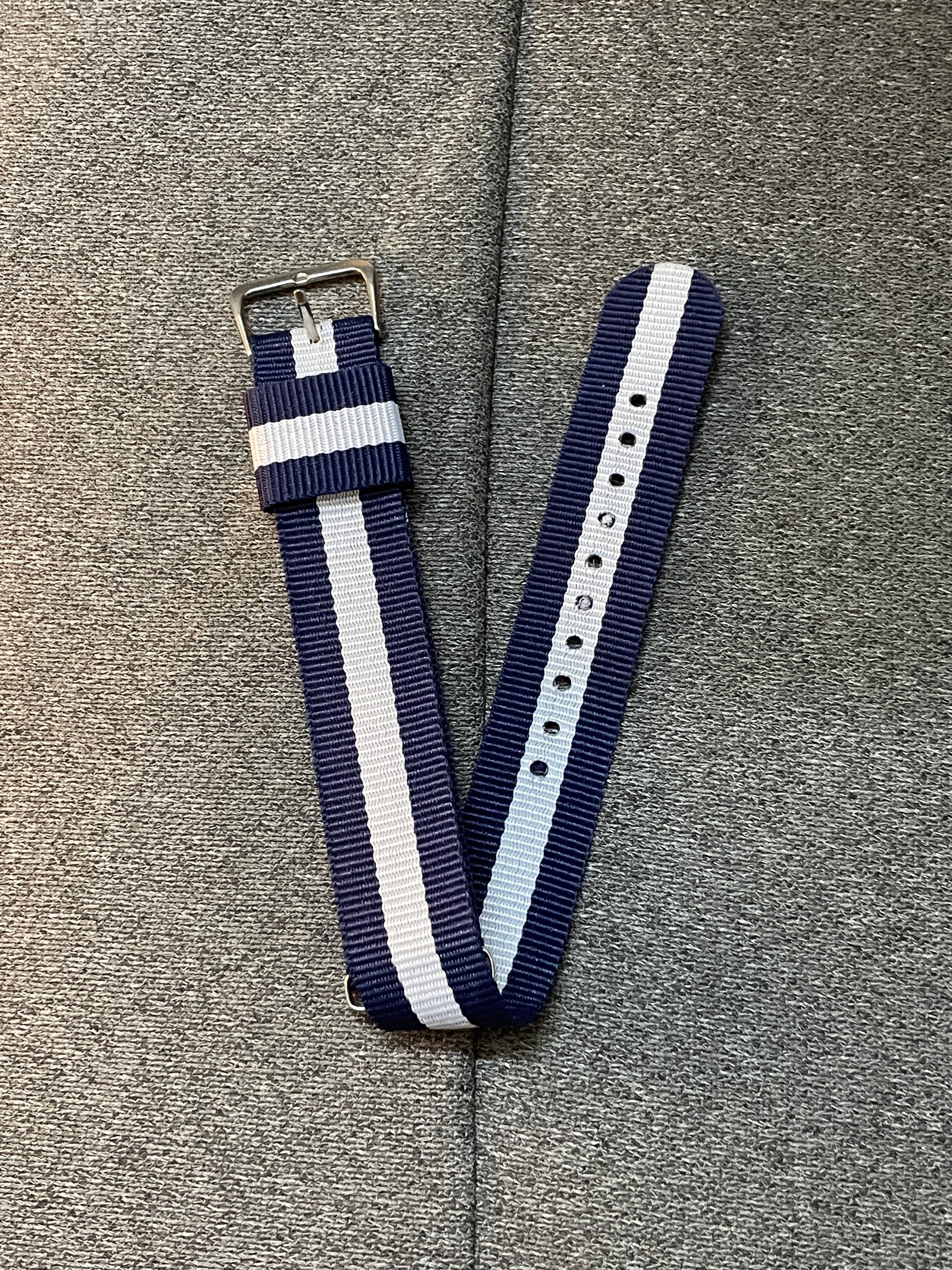 Blue and white striped NATO strap made of durable nylon with stainless steel buckle – 20mm