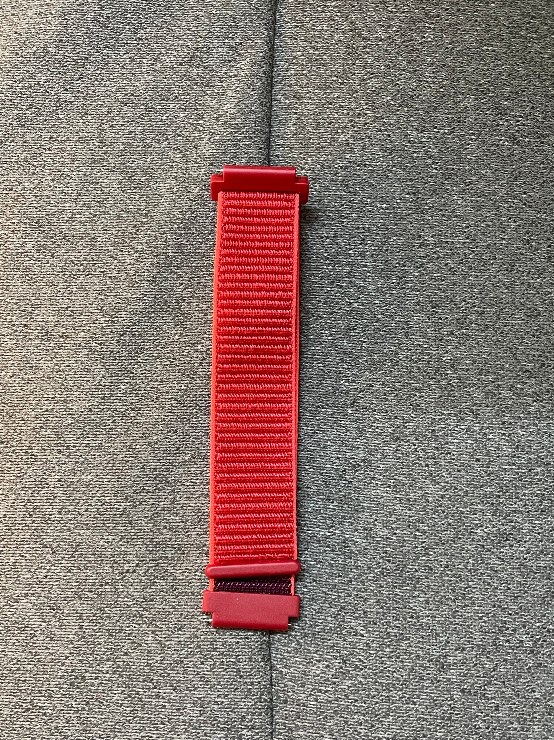 Red nylon watch strap with velcro hook-and-loop closure – breathable, adjustable fit – 20mm 22mm