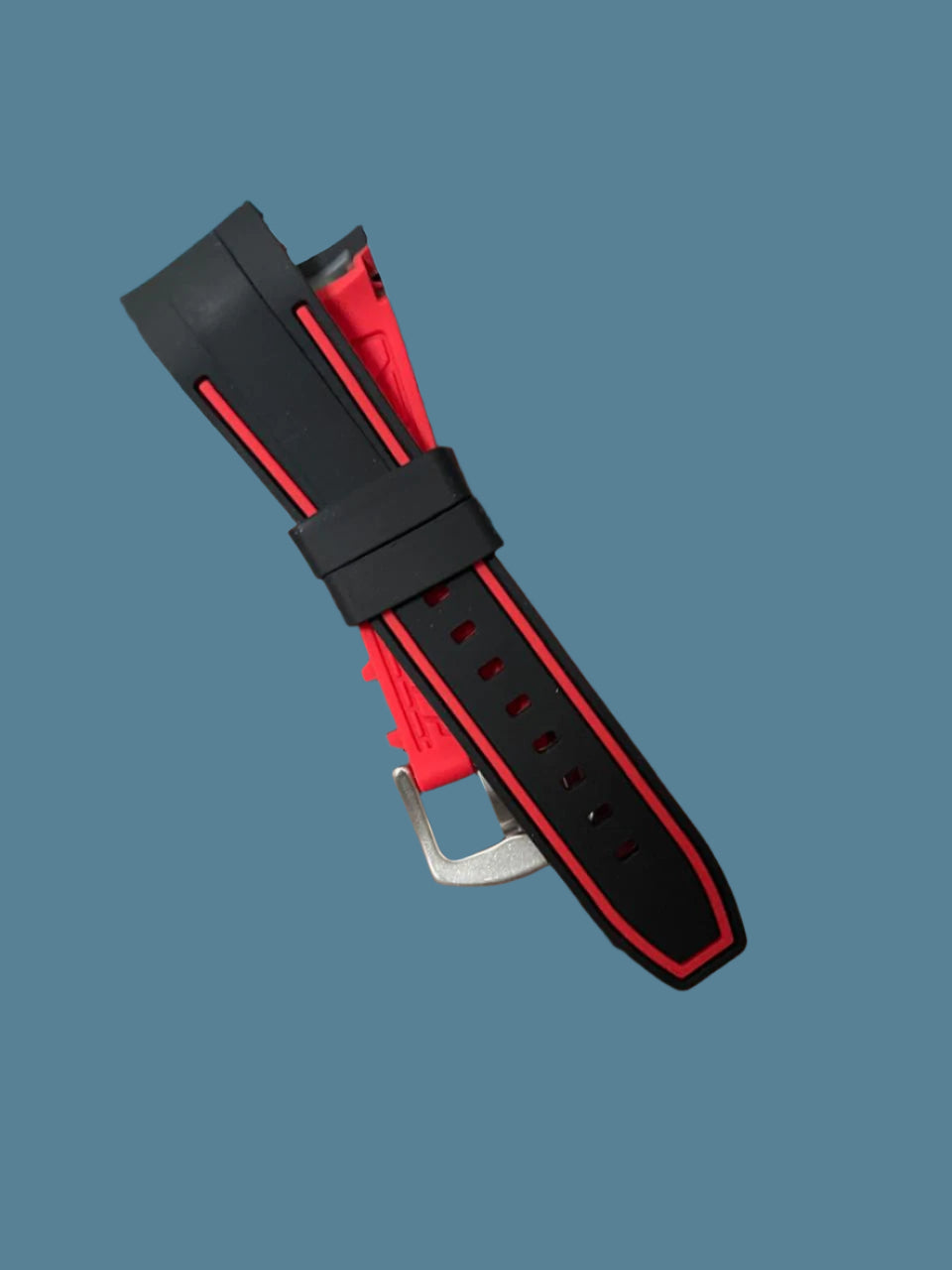 Premium 22mm silicone watch strap with black outer, dual red stripes on ends, patterned red inner lining, and C-shape lug design