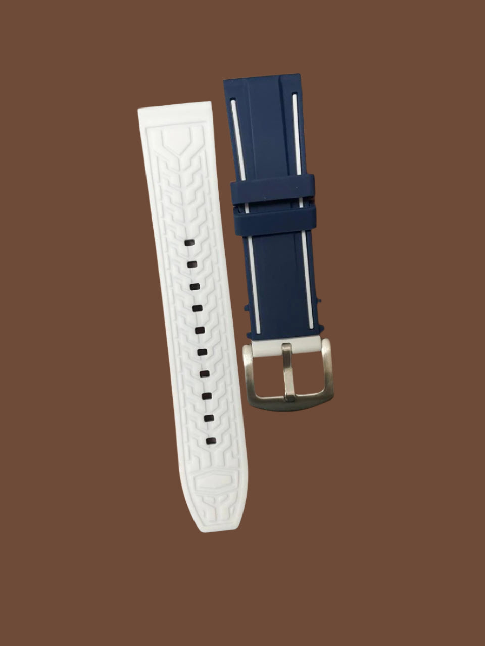 Premium 22mm silicone watch strap with blue outer, dual white racing stripes, and patterned white inner lining – standard pin style