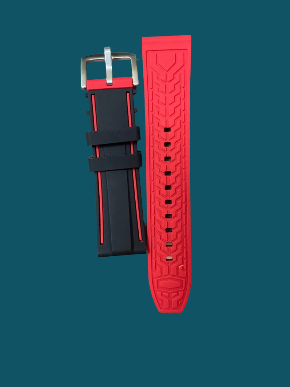 Premium 22mm silicone watch strap with black outer, dual red stripes on ends, and patterned red inner lining (standard pin style)