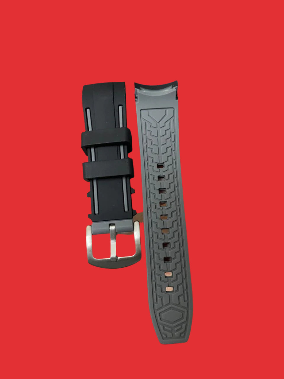 Premium 22mm silicone watch strap with black outer, dual grey stripes on ends, and patterned grey inner lining (standard pin style) C  SHAPED lug