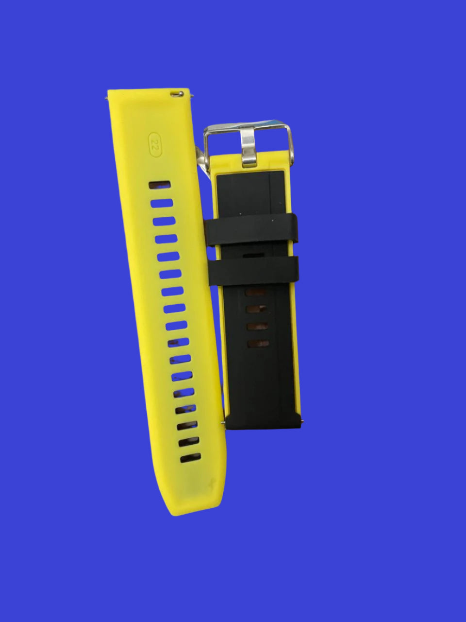 22mm yellow silicone watch strap with quick-release pins, black tips, and two racing stripes