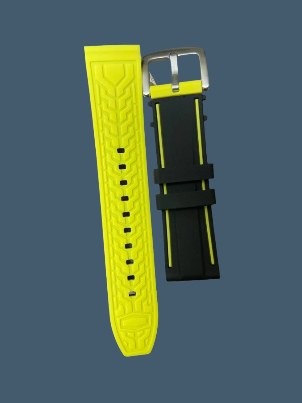 22mm yellow and black silicone watch strap with textured inner surface and twin stripes on black ends
