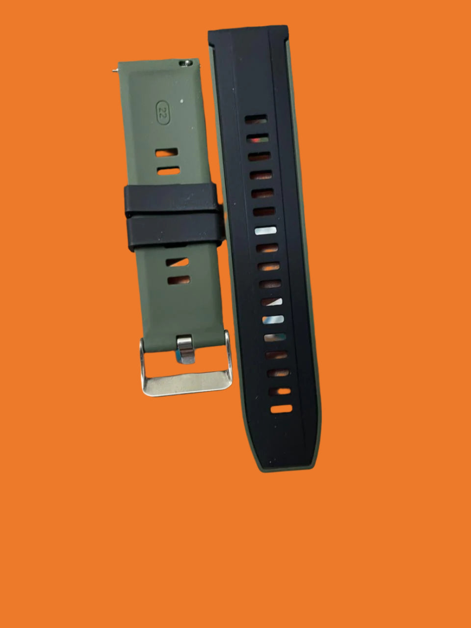 22mm black silicone watch strap with olive green border, olive inner lining, and quick-release spring bars