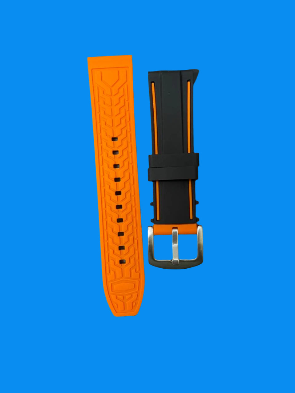 22mm black silicone watch strap with orange inner lining, orange border stripe, and no spring bars included