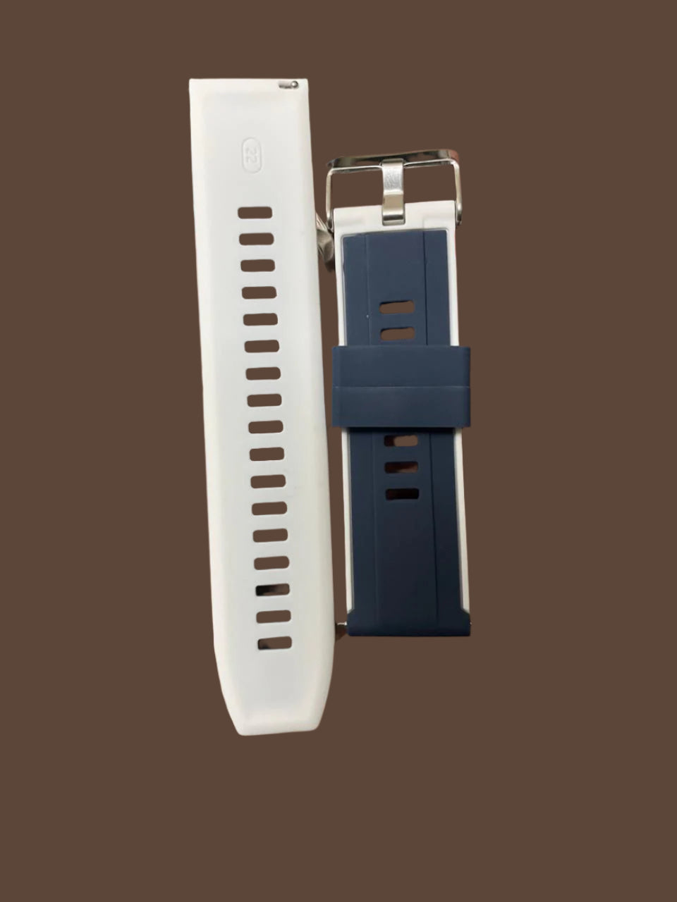 22mm navy blue silicone watch strap with white interior, white edge detail, and quick-release spring bars