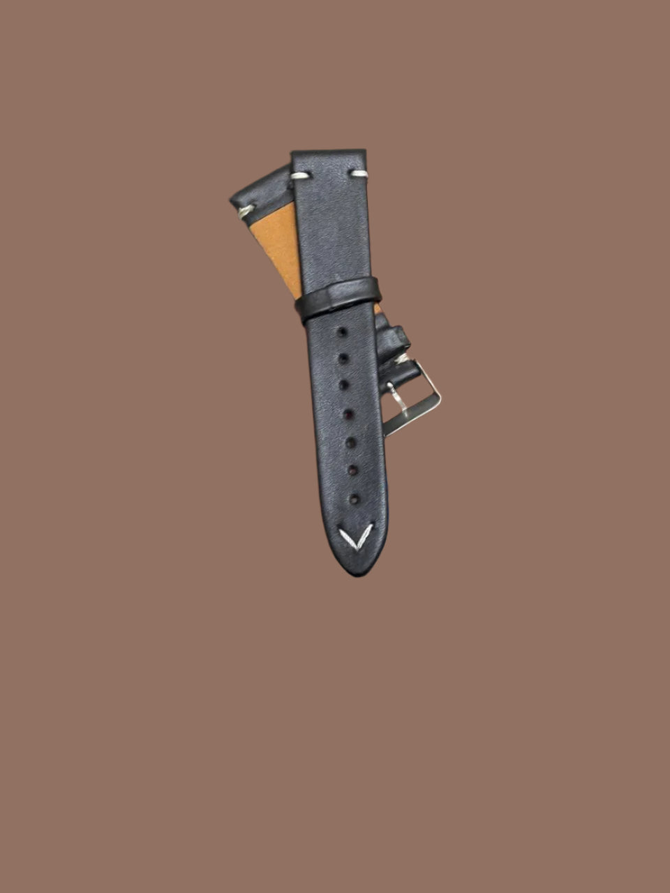 Black genuine leather watch strap with V-stitch tip and stainless steel buckle – available in 20mm and 22mm

