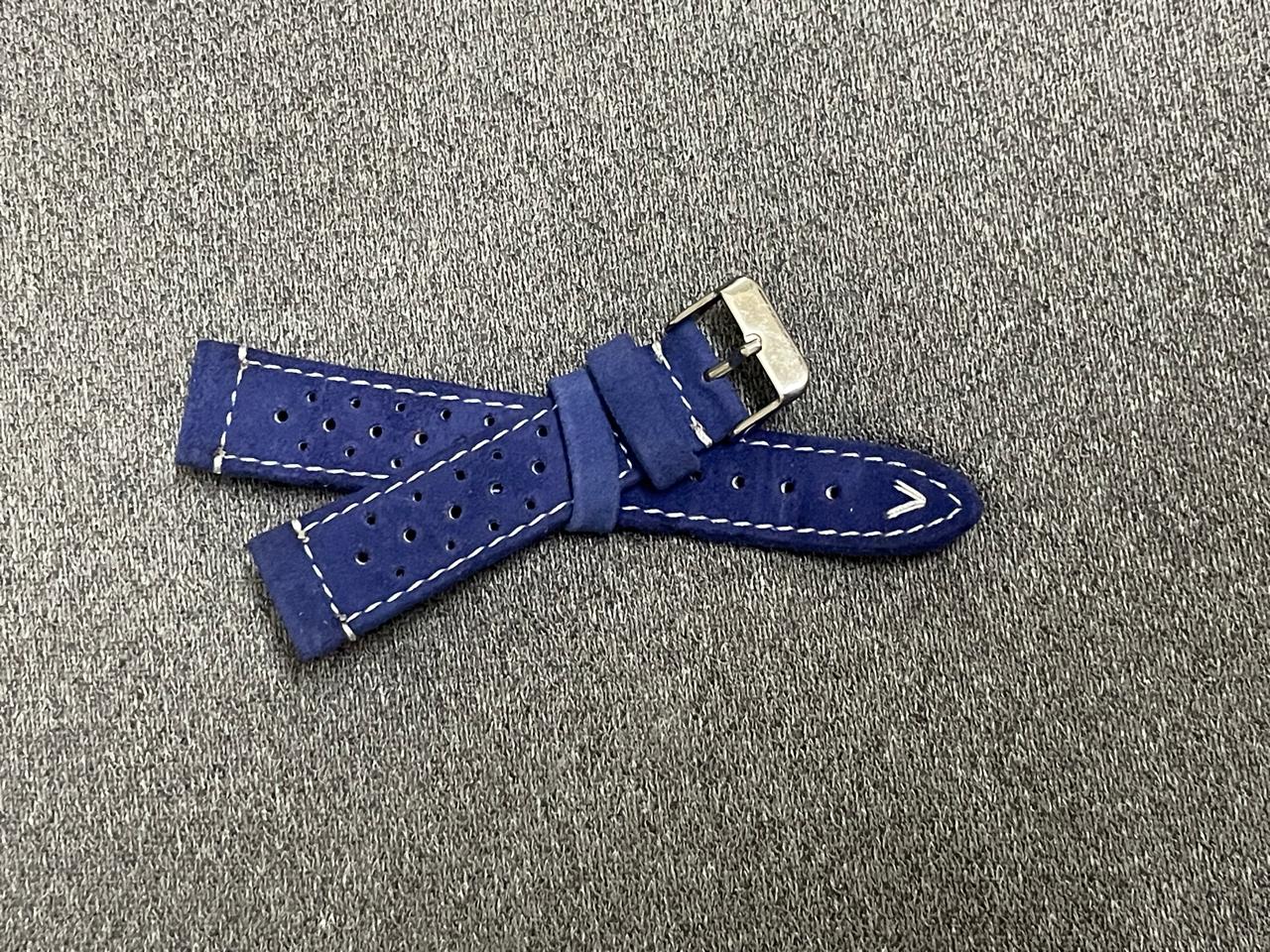 Royal blue suede racing-style watch strap with perforations and white stitching – 20mm leather band with stainless steel buckle