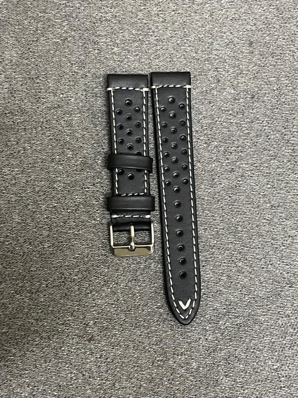 Black genuine leather racing watch strap with perforations and white stitching – 20mm smooth leather band with stainless steel buckle

