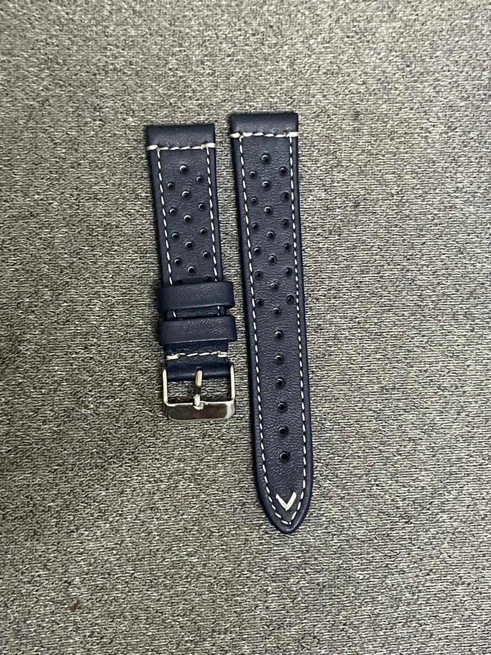 Navy blue genuine leather racing watch strap with perforations and white stitching – 20mm smooth leather band with stainless steel buckle

