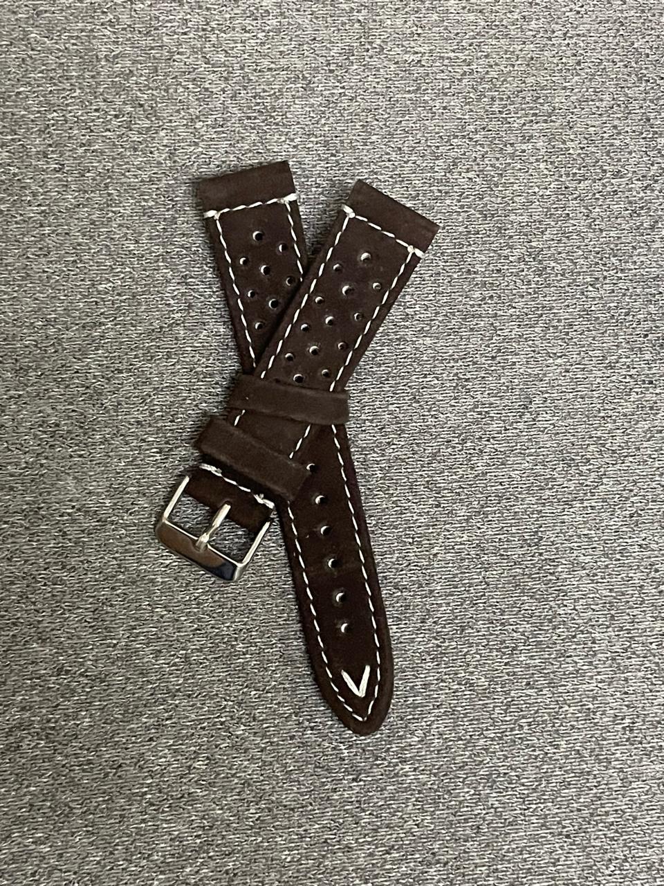 Dark brown suede racing watch strap with perforated holes and white stitching – 20mm leather band with stainless steel buckle