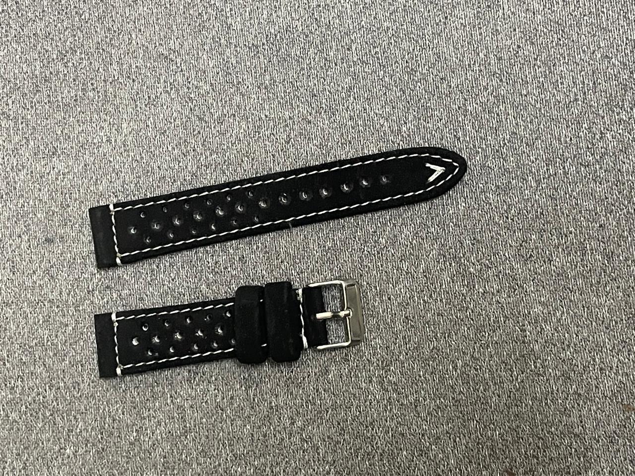 Black suede racing watch strap with perforated holes and white stitching – 20mm leather band with stainless steel buckle

