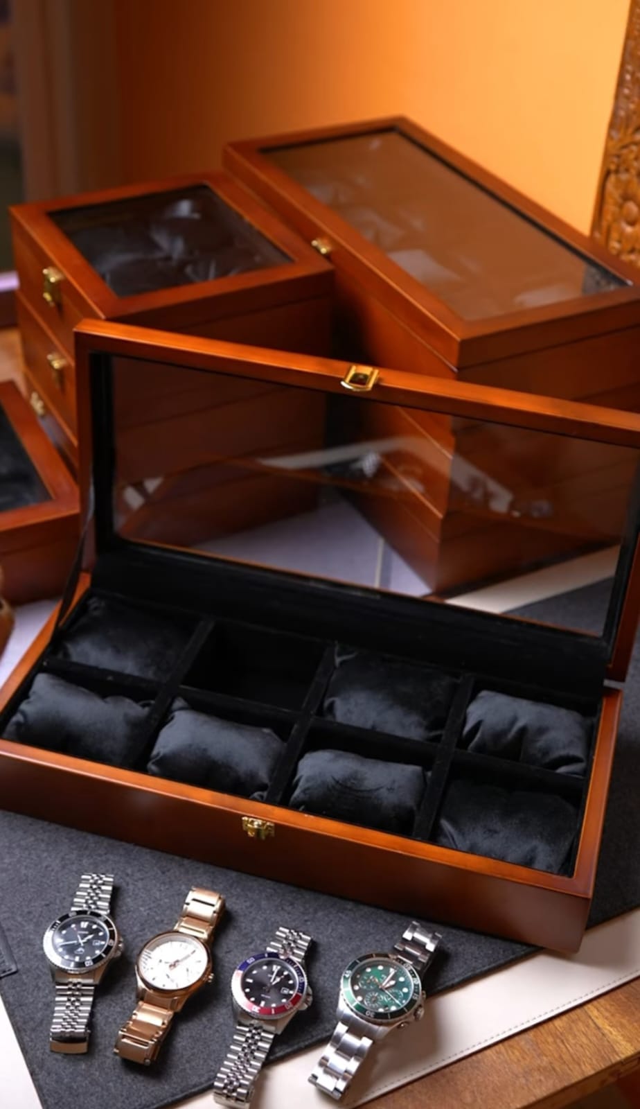 8-slot pinewood luxury watch box with stitched velvet interior and glass lid – elegant display case with brass lock