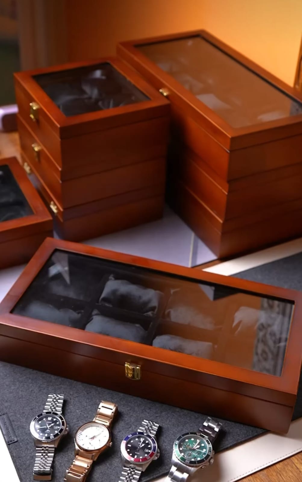 8-slot pinewood luxury watch box with stitched velvet interior and glass lid – elegant display case with brass lock