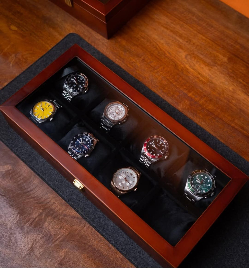 8-slot pinewood luxury watch box with stitched velvet interior and glass lid – elegant display case with brass lock