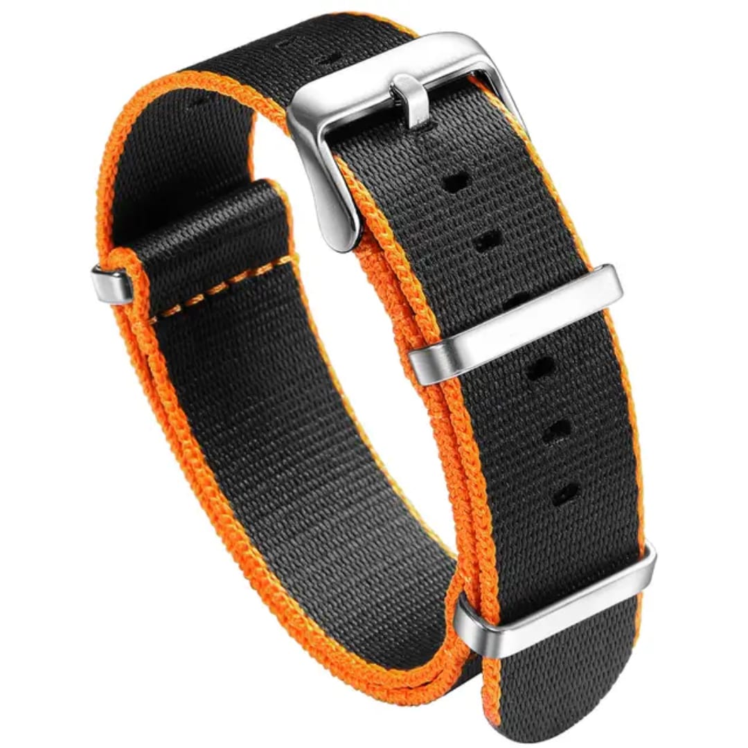 Orange NATO nylon watch strap with black edges and stainless steel buckle