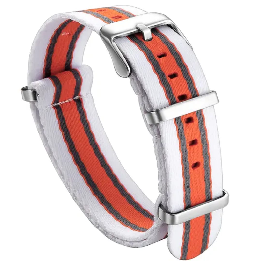 White NATO nylon watch strap with orange edge stitching and stainless steel buckle

