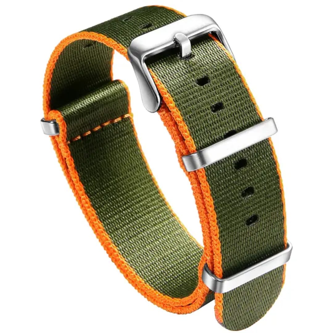 Olive green NATO nylon watch strap with orange edges and stainless steel buckle