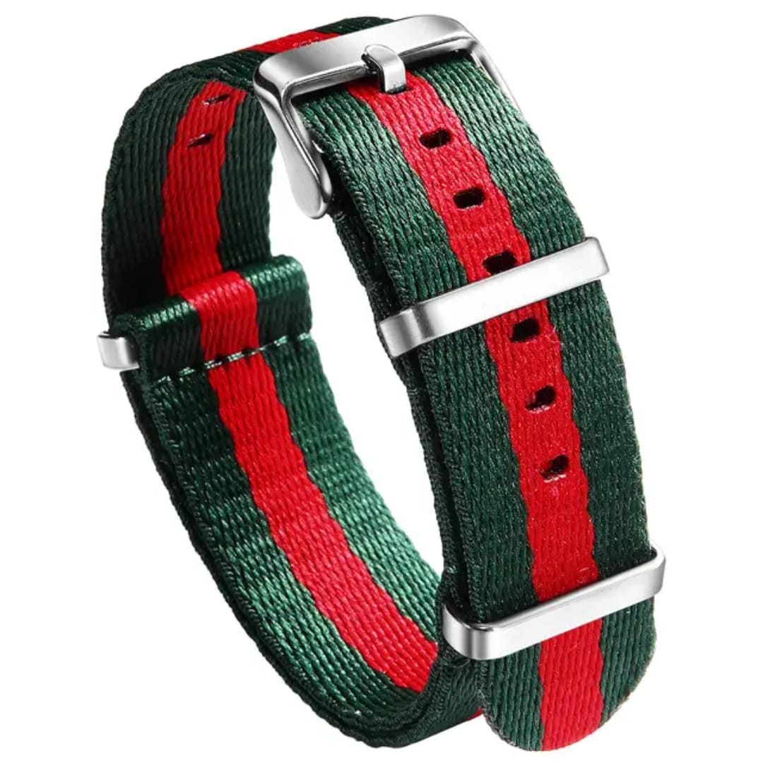 Green NATO nylon watch strap with red center stripe and stainless steel hardware

