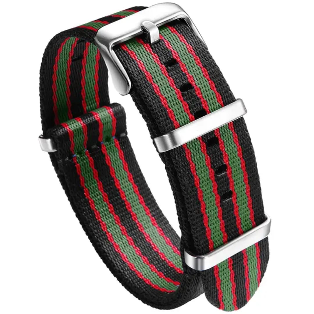 Black NATO watch strap with red and green center stripes and stainless steel hardware