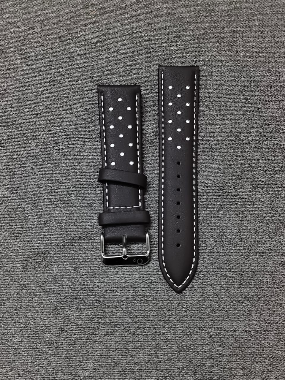 Dark brown Italian leather racing watch strap with white stitching, perforated design, and stainless steel buckle in 20mm, 22mm, and 24mm sizes

