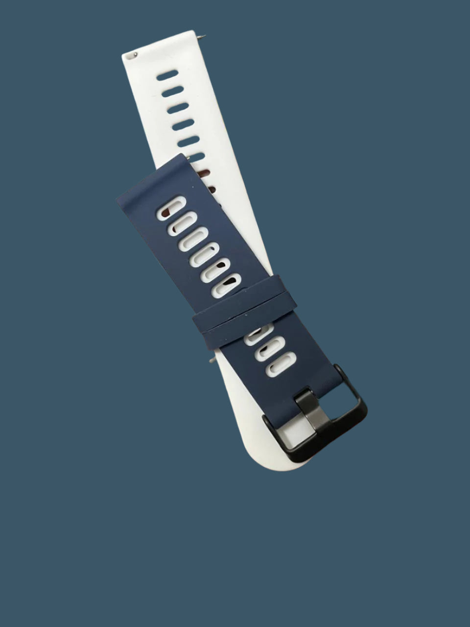 Premium 22mm quick-release silicone watch strap in navy blue and white, dual-tone design