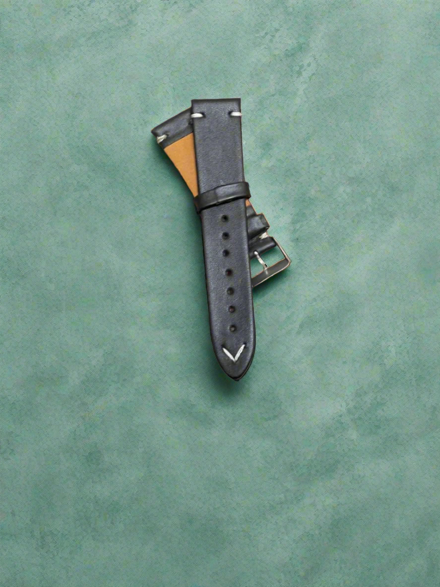 Black Genuine Leather Watch Strap – 20mm & 22mm Classic V-Stitch