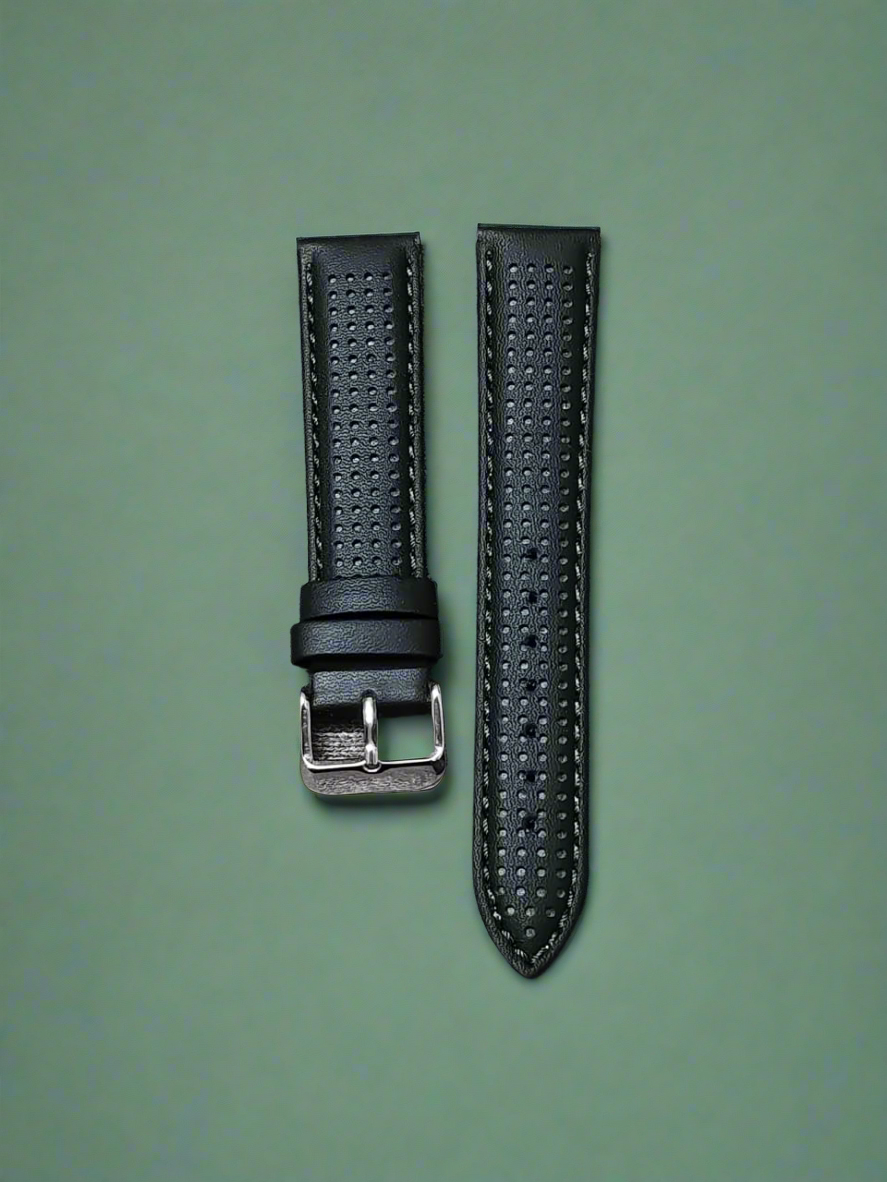 Black Imported Italian Leather Racing Watch Strap – Green Stitching – 20mm / 22mm / 24mm