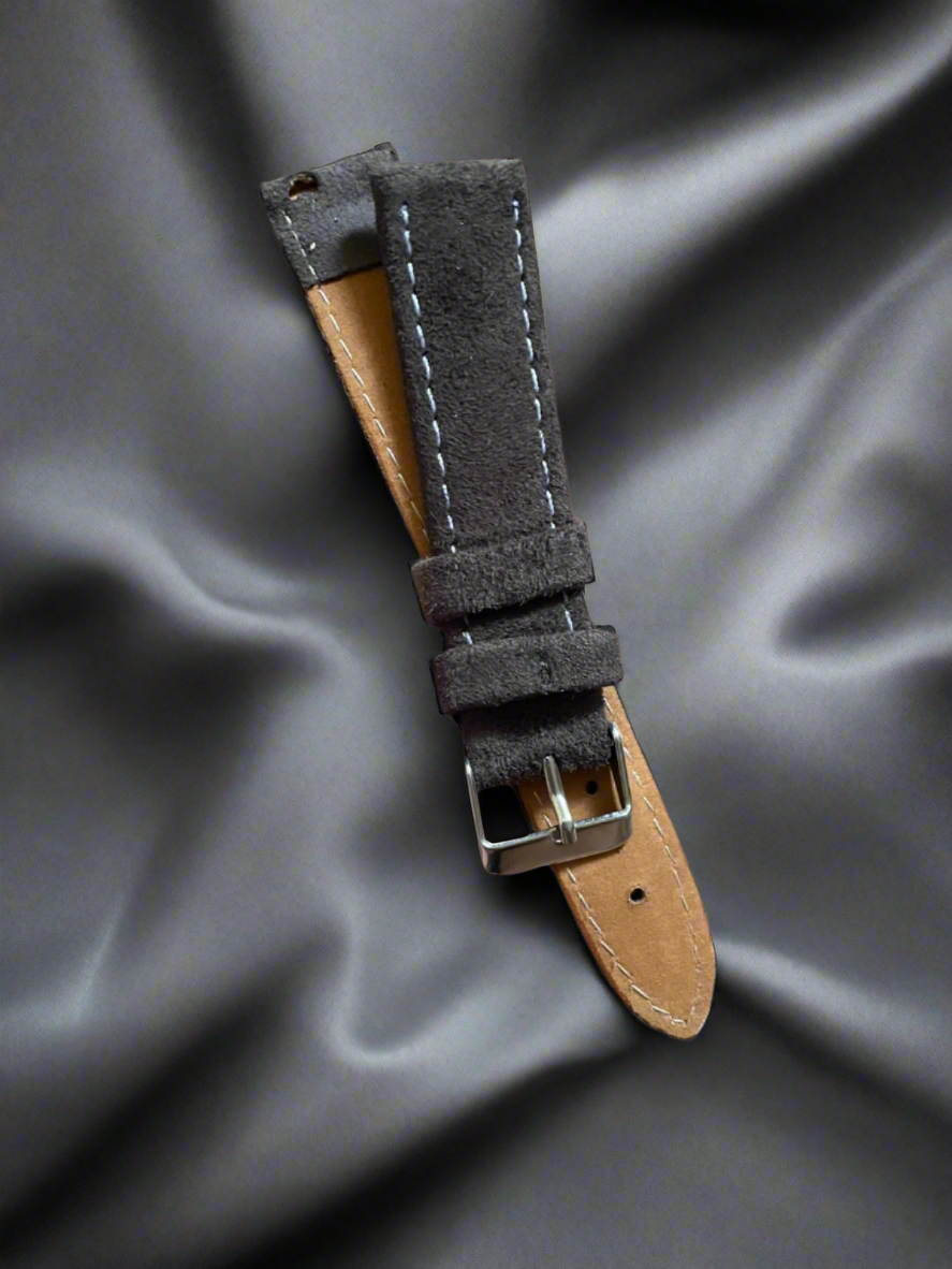 18mm Grey Suede Leather Watch Strap with White Stitching – Quick Release Leather Band(Spring bar not included)