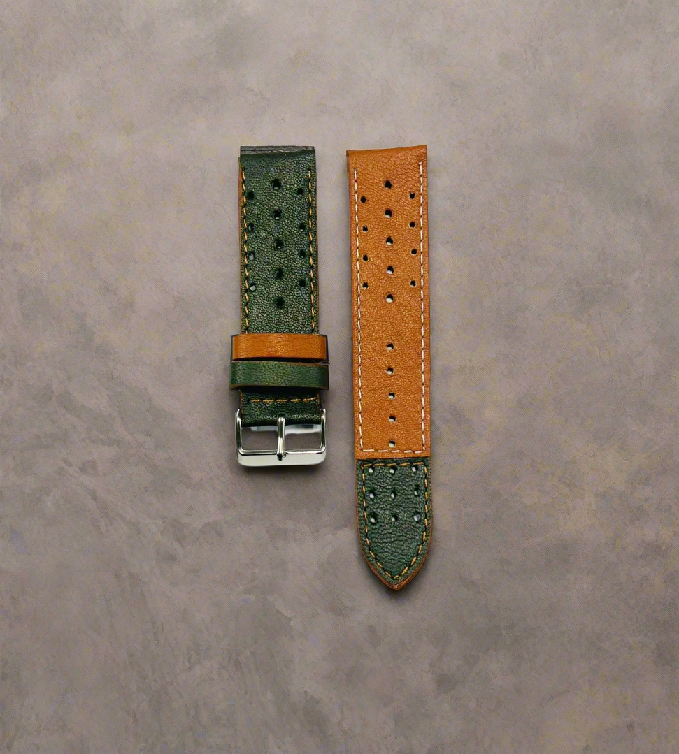 Olive Green & Tan Leather Racer Watch Strap – Perforated Design | 18mm 20mm 22mm