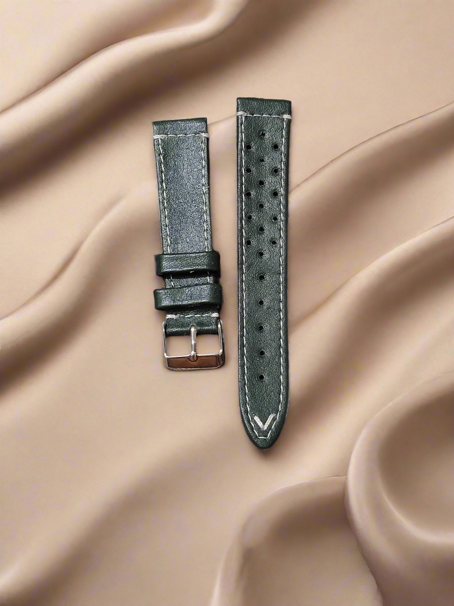 Dark Green Leather Racer / Racing Watch Strap with White Stitching – Available in 18mm, 20mm, 22mm