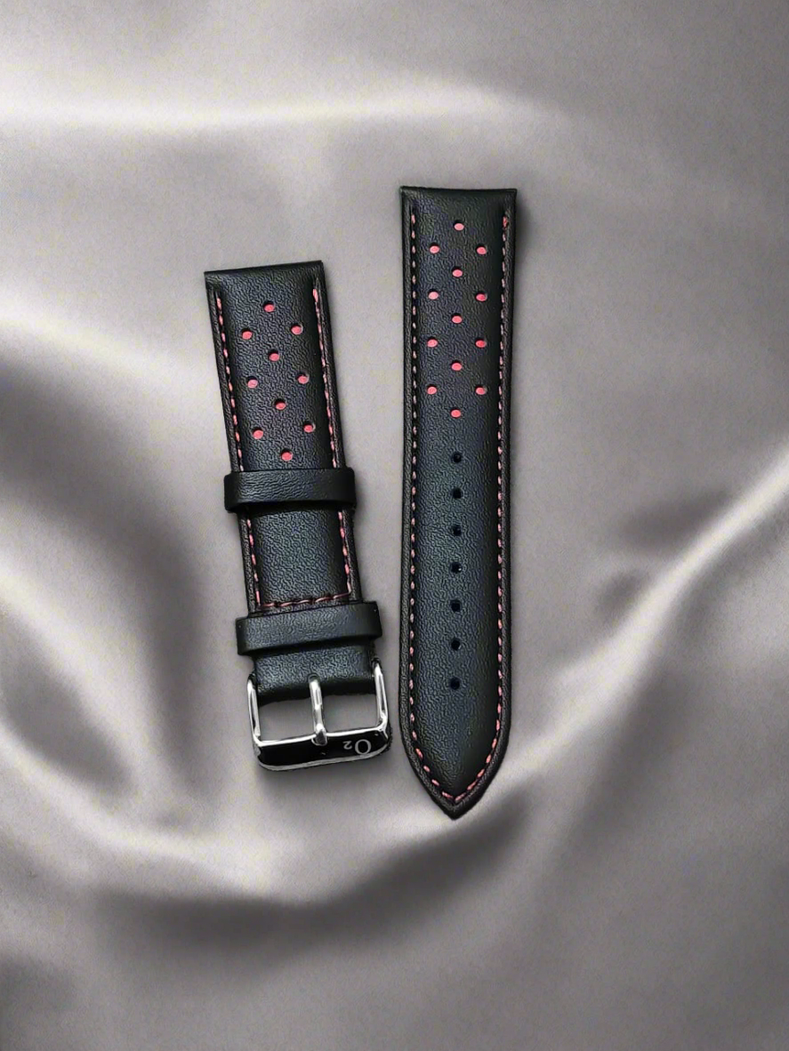 Black Imported Italian Leather Racing Watch Strap – Red Stitching – 20/22/24mm