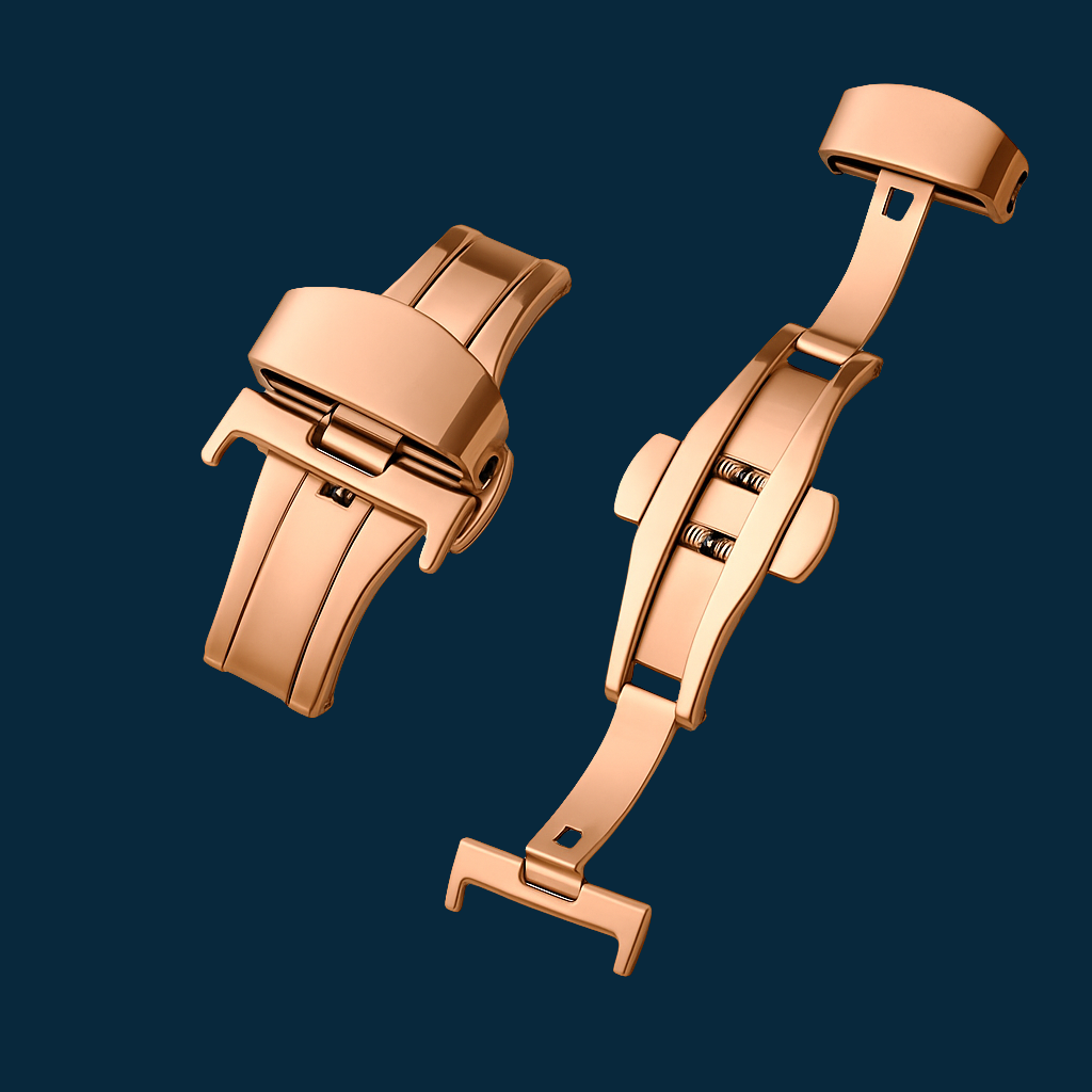Rose gold butterfly deployant clasp for 18mm 20mm 22mm watch straps with polished finish and double push-button release