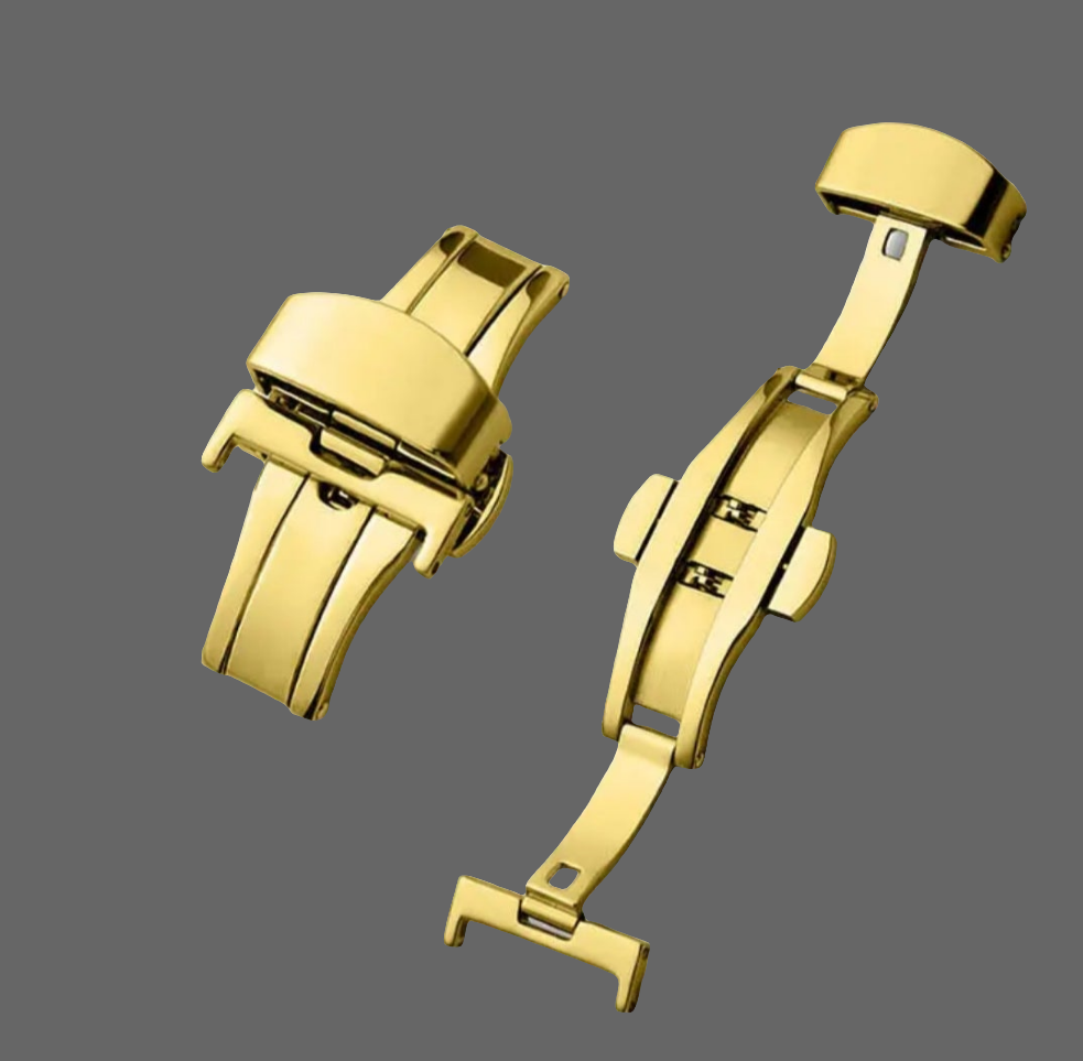 Gold butterfly deployant clasp in 18mm 20mm 22mm with polished finish and dual push-button locking design