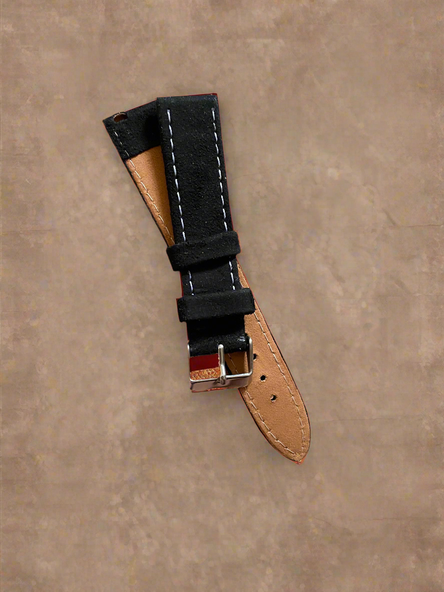 18mm Black Suede leather Watch Strap with White Stitching – Quick Release Leather Band(Spring bar not included)